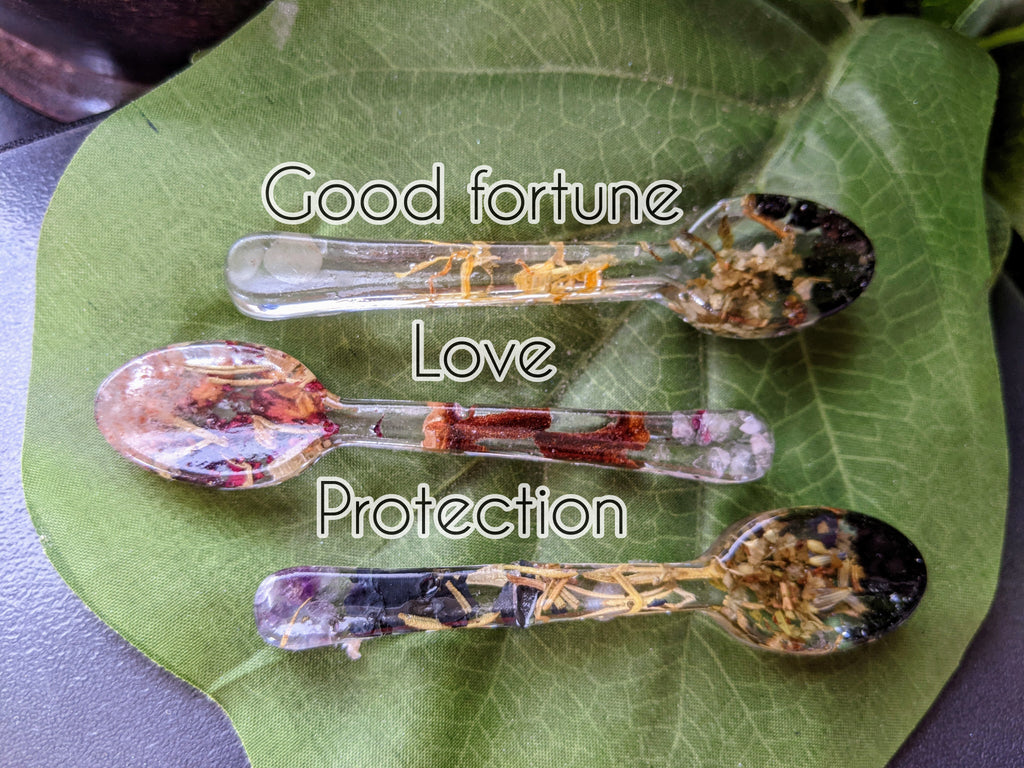 Three handcrafted spell spoons for self love, protection, and good fortune intentions