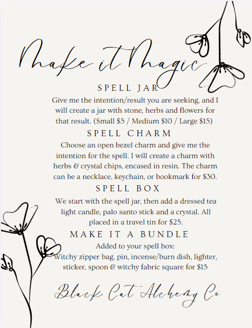 Custom spell work created to align with personal intentions, featuring a handcrafted spell box filled with herbs, crystals, and magical ingredients for focused manifestation.