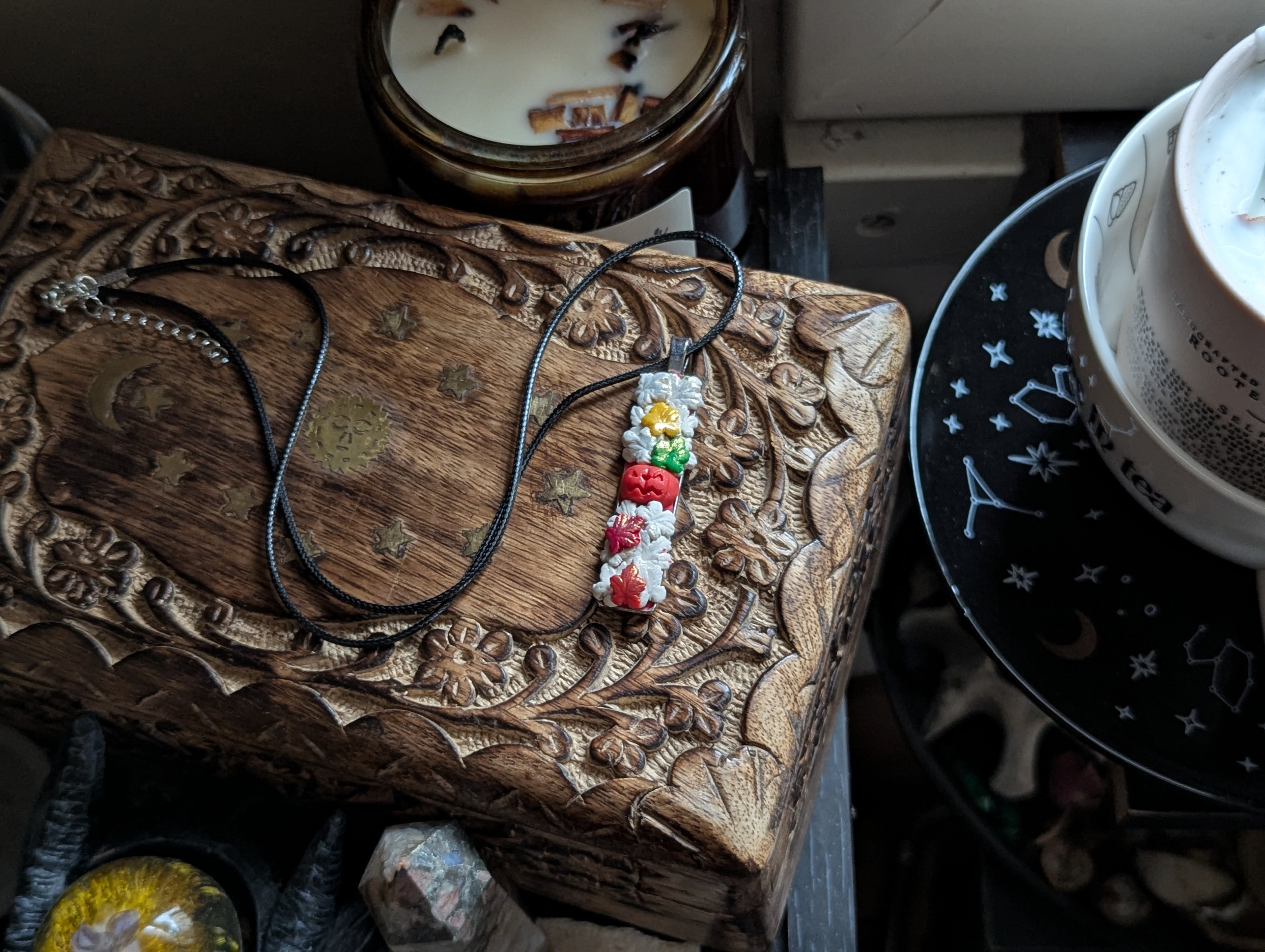 Hand carved clay pumpkin patch statement necklace inspired by fall magic