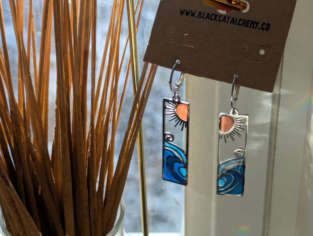 Wave earrings inspired by Starry Night on hypoallergenic lever back hooks