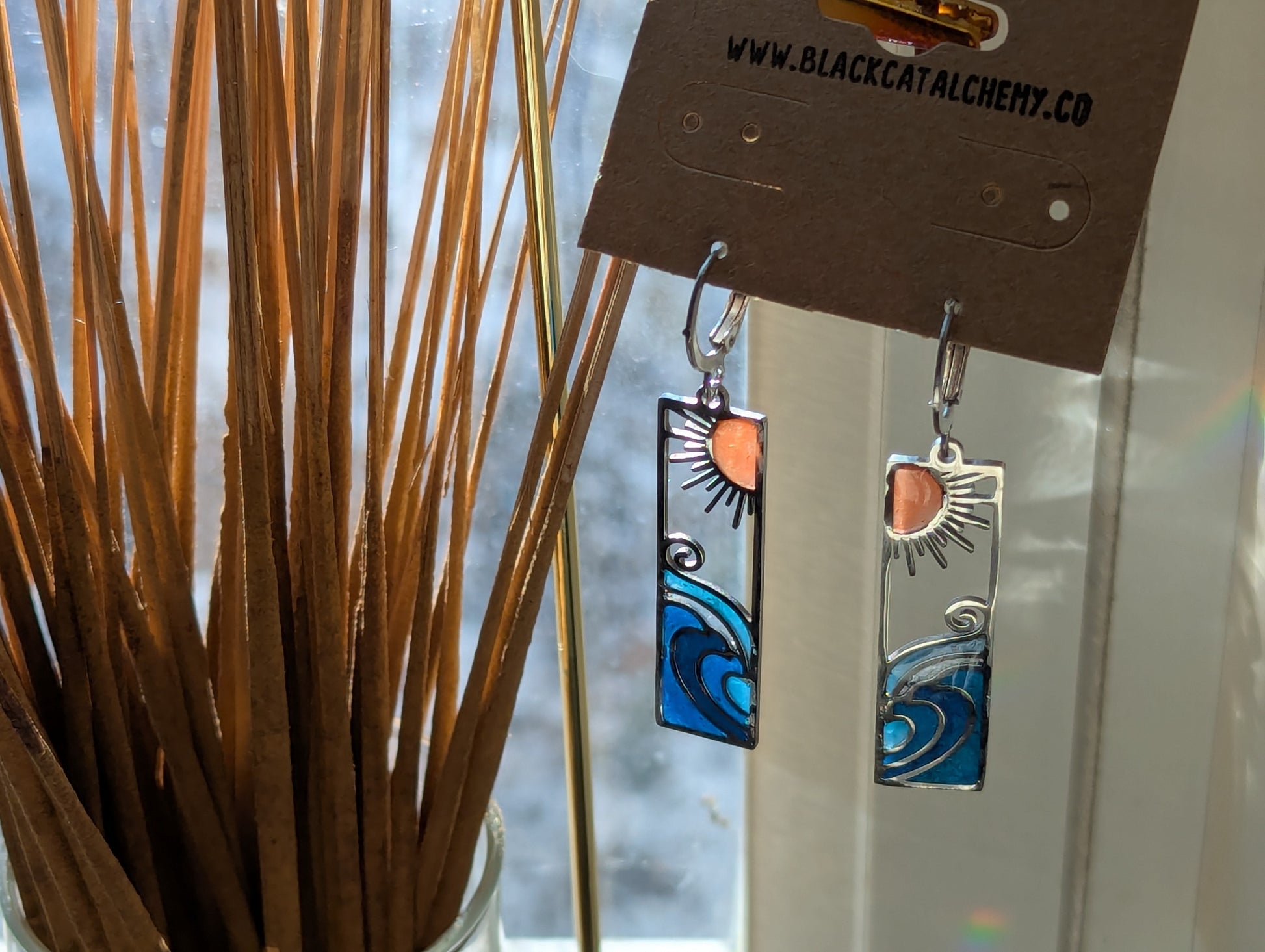 Wave earrings inspired by Starry Night on hypoallergenic lever back hooks
