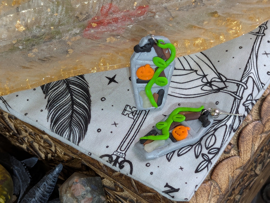 Coffin bookshelf earrings with spooky bookish design and hypoallergenic posts